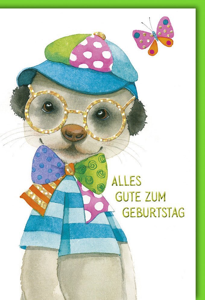 Kindergeburtstagskarte – Bunte Hund & Schmetterling Illustration mit Hut & Brille, Glänzende Folienprägung, mit Kuvert