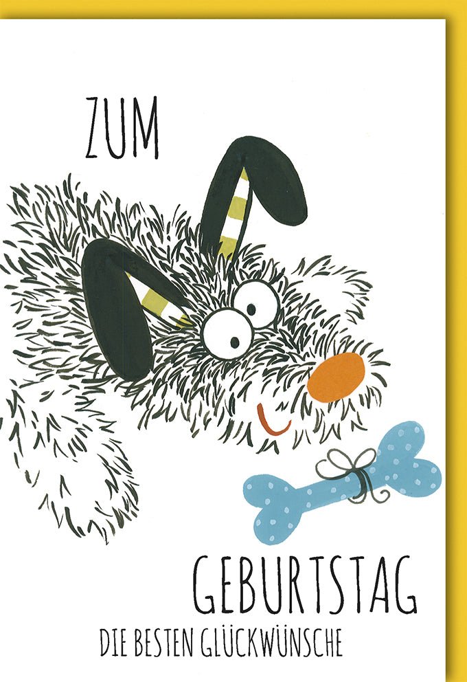 Geburtstagskarte: Humorvoller Hund mit Knochen Design, Bunte Cartoon-Illustration auf Naturkarton – Inklusive Kuvert
