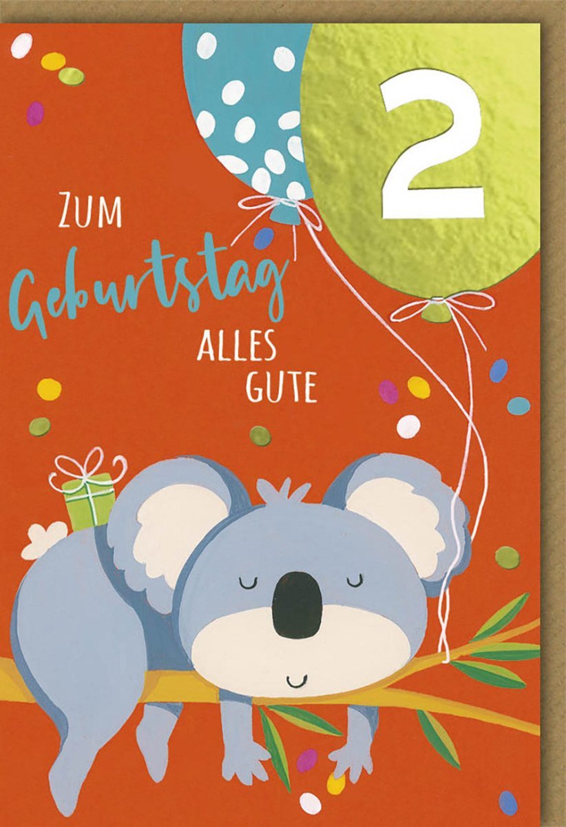 Kindergeburtstagskarte 2. Geburtstag - Koala mit Ballons, bunte Zahlen & Folienprägung. Glückwünsche für Jungen & Mädchen.