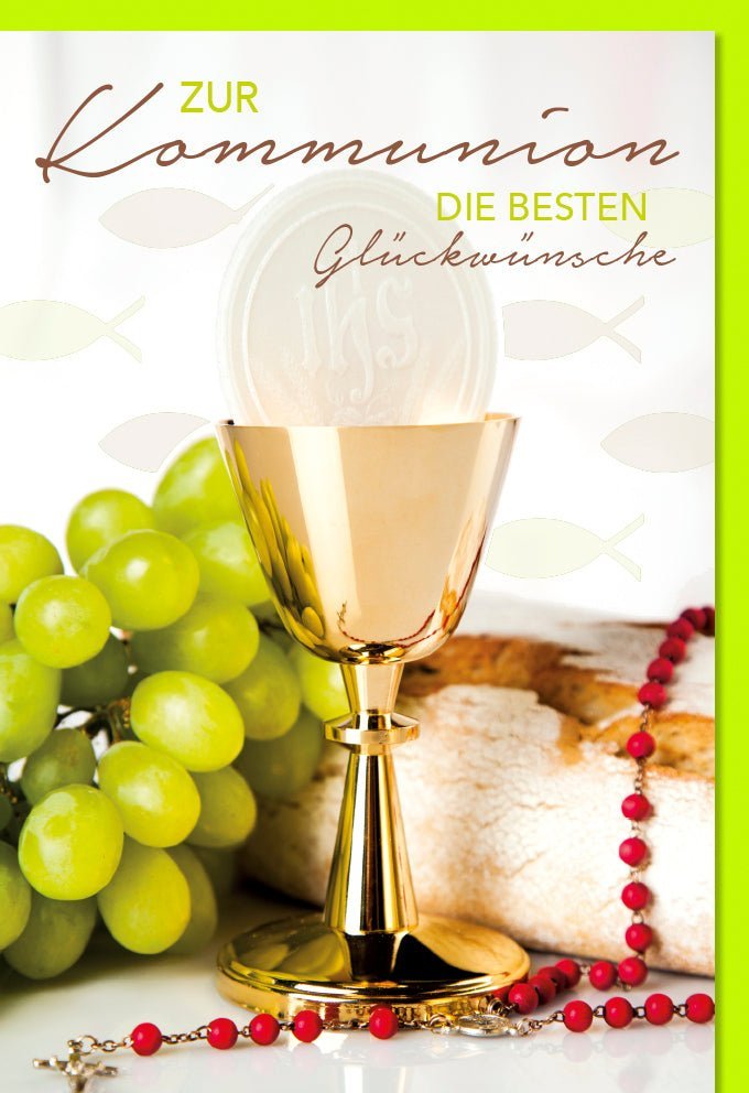 Kommunion Glückwunschkarte – Christliche Karte: Kelch, Trauben & Brot, Perlen & Fische Design. Mit farblich passendem Kuvert.