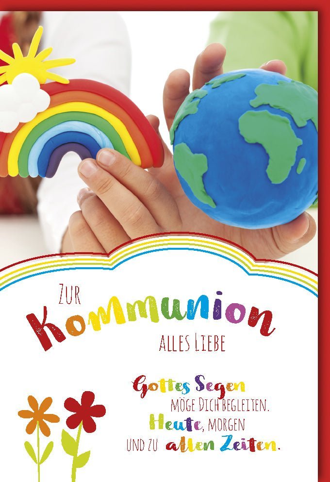 Kommunionkarte Regenbogen & Weltkugel – Erstkommunion Segenswünsche für Kinder & Familie, christliches Geschenk