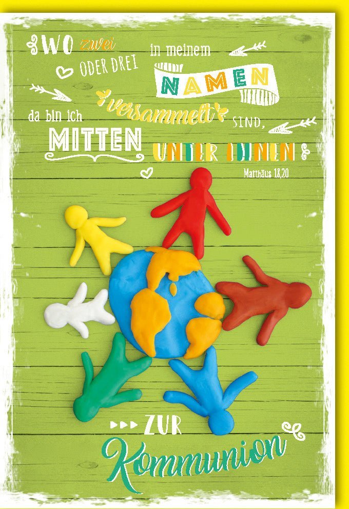 Kommunionskarte: "Wo zwei oder drei versammelt sind" – Grüne Holzoptik mit christlichem Motiv & Kuvert für besondere Momente