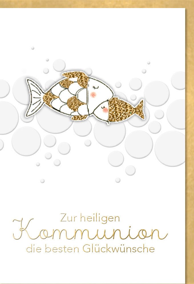 Kommunionkarte Elegant mit Fischmotiv, Folien- & Blindprägung, Applikation auf Naturkarton & passendem Kuvert