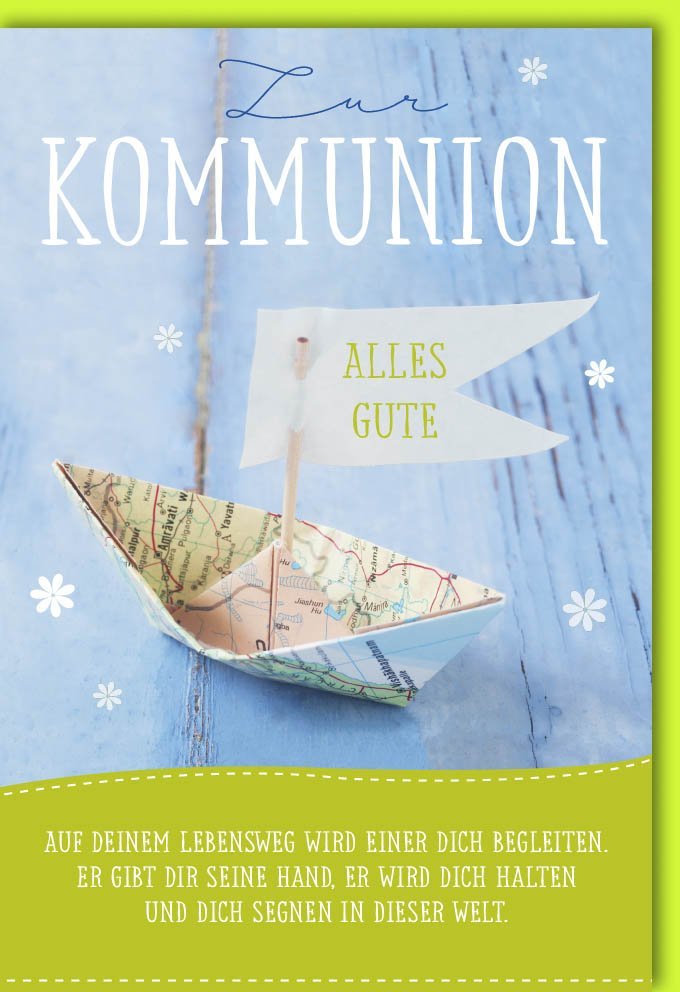 Kommunionskarte: Zartes Papierboot-Design – "Auf deinem Lebensweg wird einer dich begleiten..." mit passendem Kuvert