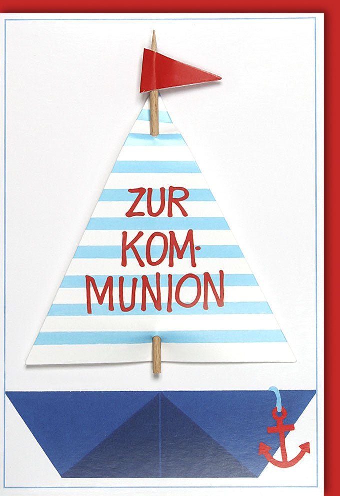 Kommunionkarte mit Segelboot & Applikation – Maritime Erstkommunion Grüße für Jungen & Mädchen, Blau Weiß Rot mit Kuvert