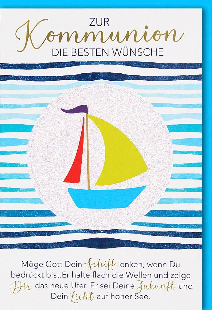 Kommunionkarte mit Segelboot: Elegant, Glitzer & Folienprägung – Hoffnungsbotschaft für Glaubensfeier mit Kuvert