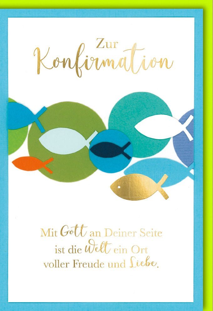 Konfirmationskarte Modern: Fische-Design in Grün & Gold mit Folienprägung – Inspirierende Botschaft für Glauben & Freude, inkl. Kuvert