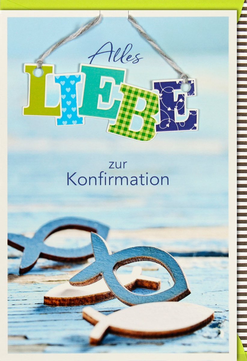 Konfirmationskarte Modern - Fischsymbol, Liebe & Segen. Christliche Grußkarte für Teenager mit Applikation & Kuvert