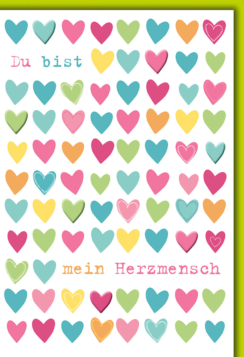 Liebeskarte: Bunte Herzmuster mit Schriftzug "Du bist mein Herzmensch" – Fröhliche Farben für Verliebte