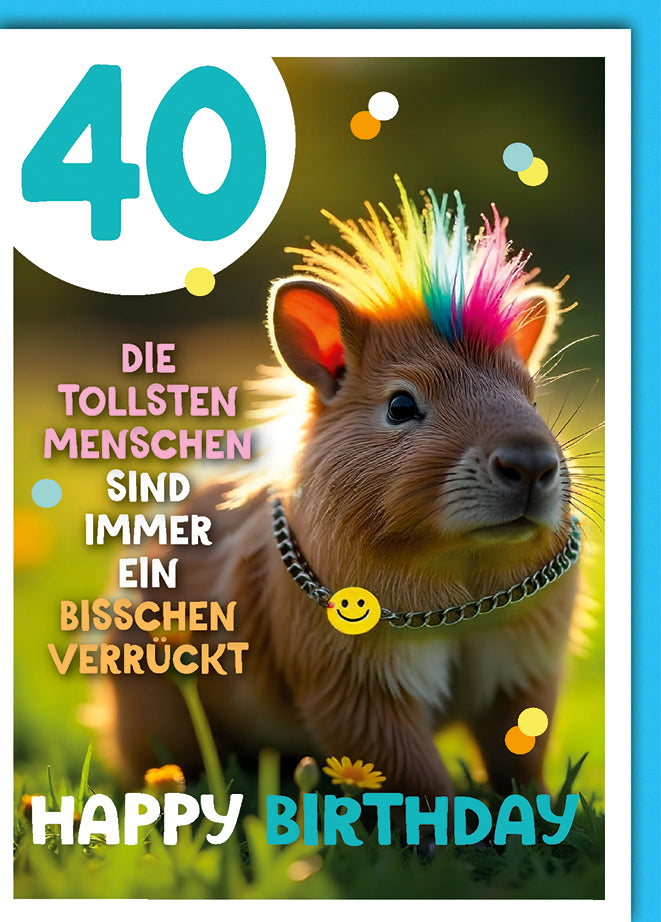 Lustige Geburtstagskarte 40: Wombat mit Regenbogen-Irokese und frechem Spruch