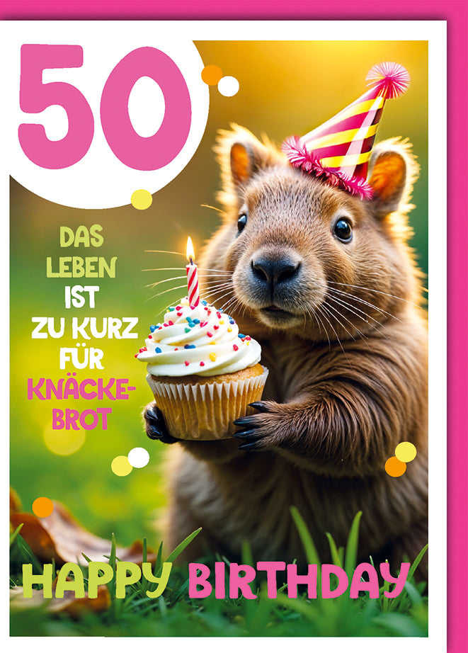 Lustige Geburtstagskarte 50: Wombat mit Partyhut und Muffin, humorvoller Spruch