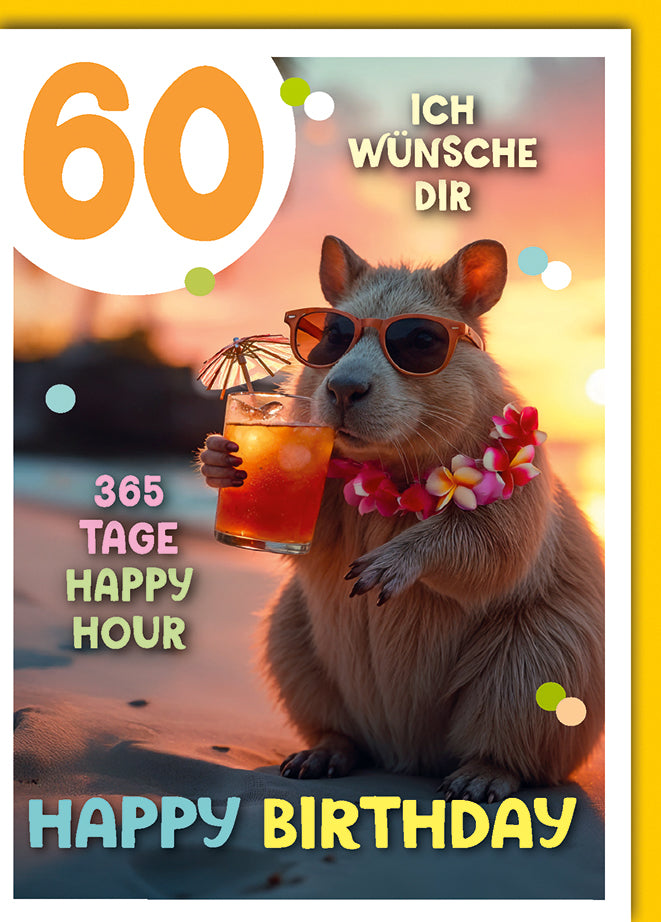 Lustige Geburtstagskarte 60: Wombat mit Cocktail und Sonnenbrille am Strand, tropisch