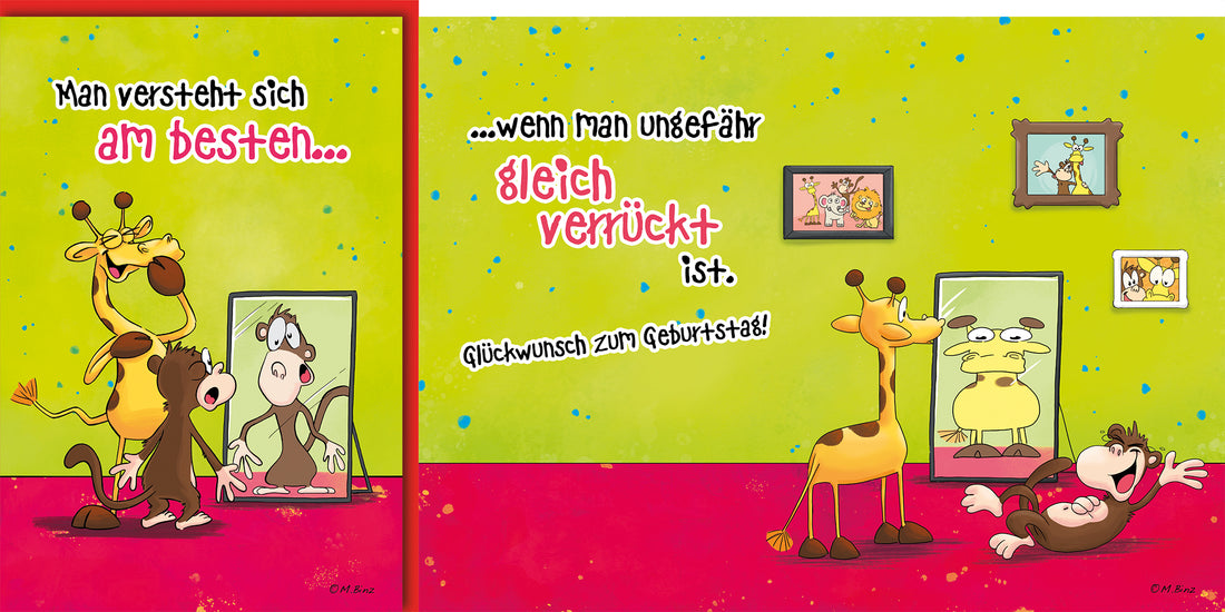 Lustige Geburtstagskarte: Comic-Affe und Giraffe vor Spiegel mit witzigem Spruch