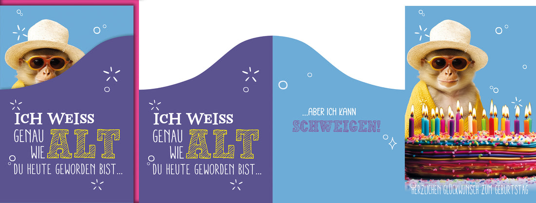 Lustige Geburtstagskarte: Comic-Affe mit Sonnenbrille und bunter Geburtstagstorte