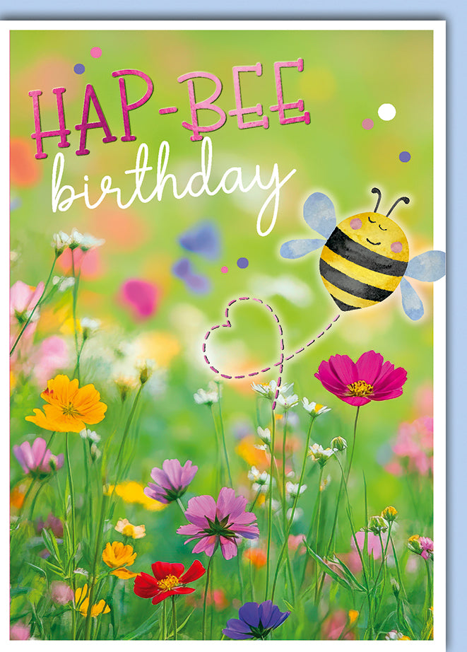 Lustige Geburtstagskarte: Comic-Biene im bunten Blumenfeld mit HAP-BEE Wortspiel