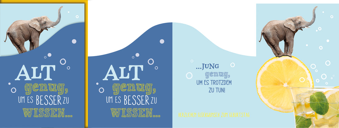 Lustige Geburtstagskarte: Comic-Elefant balanciert auf Zitronenscheibe mit witzigem Spruch