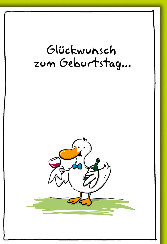 Lustige Geburtstagskarte: Comic-Ente mit Weinglas und Sektflasche in grünem Rahmen