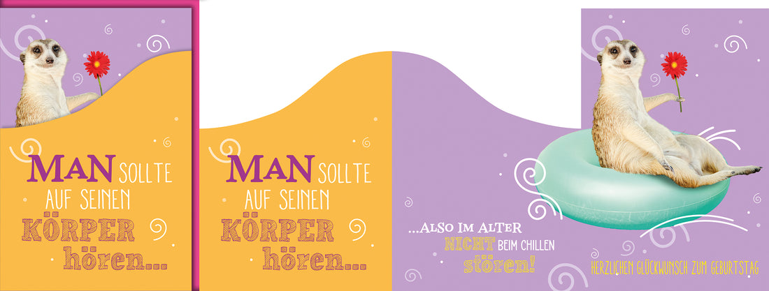 Lustige Geburtstagskarte: Comic-Erdmännchen mit Schwimmreifen und Flower-Power