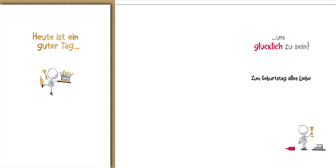 Lustige Geburtstagskarte: Comic-Figur mit Geburtstagstorte und Party-Hut, fröhlich