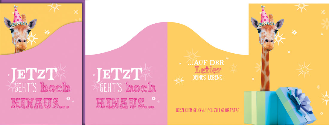 Lustige Geburtstagskarte: Comic-Giraffe mit Partyhut steigt aus Geschenkbox, Pink-Orange