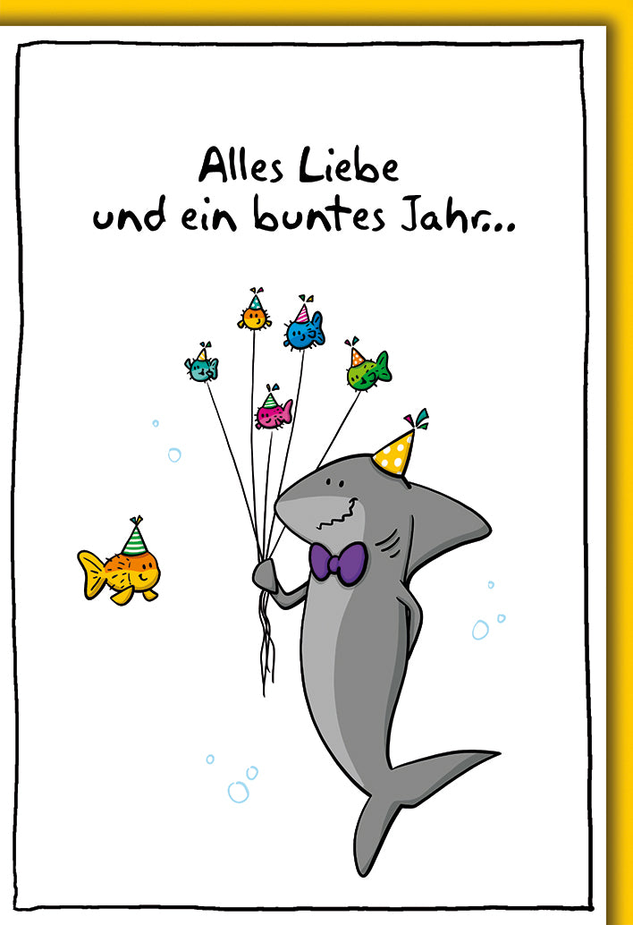 Lustige Geburtstagskarte: Comic-Hai mit Party-Hut und bunten Fisch-Ballons