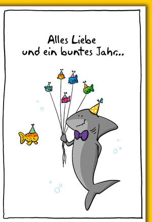 Lustige Geburtstagskarte: Comic-Hai mit Party-Hut und bunten Fisch-Ballons