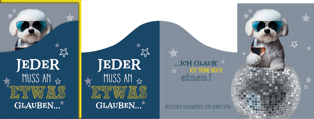Lustige Geburtstagskarte: Comic-Hund mit Sonnenbrille auf Discokugel, moderner Party-Style