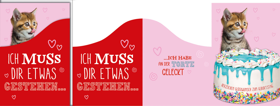 Lustige Geburtstagskarte: Comic-Kätzchen mit blauer Torte und frechem Geständnis