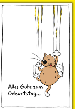 Lustige Geburtstagskarte: Comic-Katze rutscht kratzend an Vorhang herunter