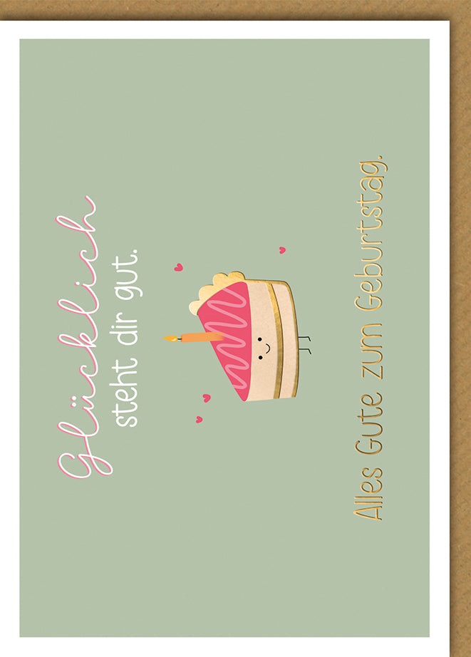 Lustige Geburtstagskarte: Comic-Kuchenstück mit Kerze und Spruch auf Mint-Grün