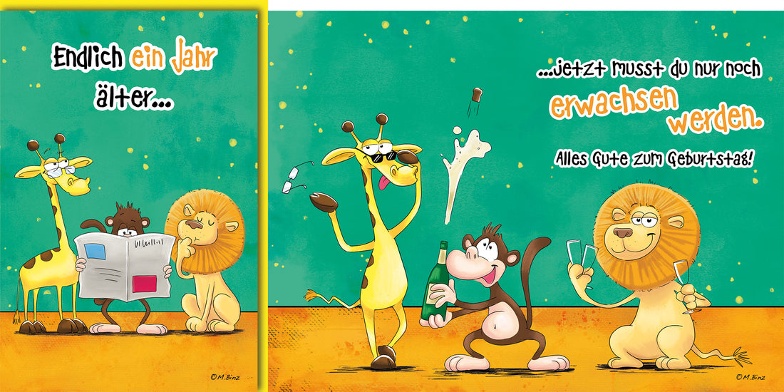 Lustige Geburtstagskarte: Comic-Tiere feiern mit Giraffe, Löwe und Affe im Party-Stil