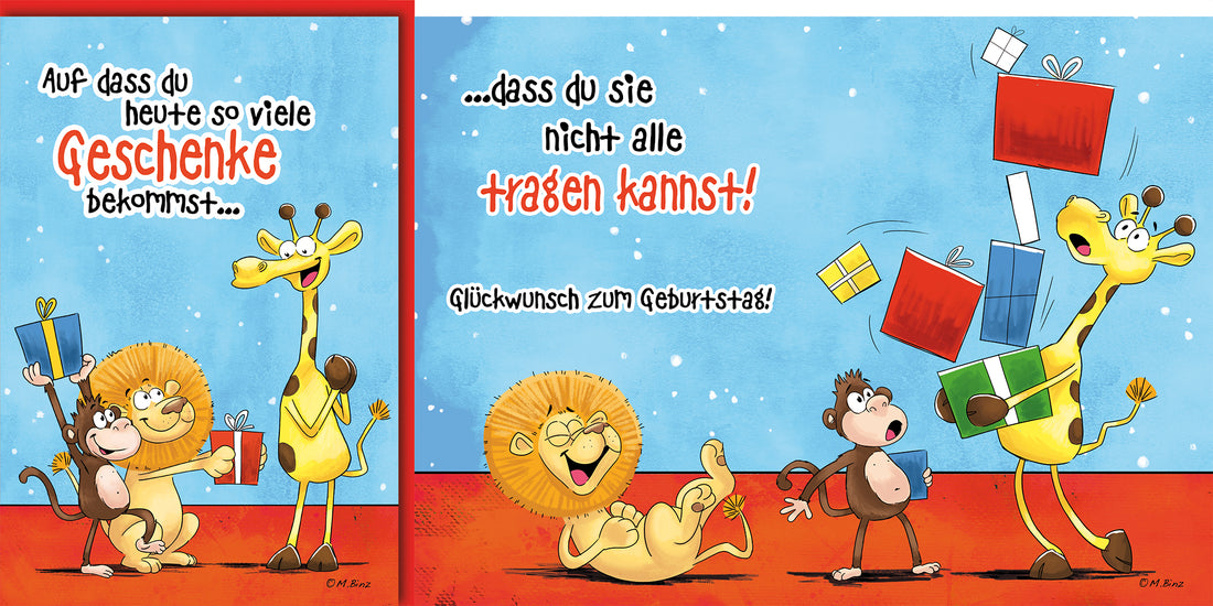 Lustige Geburtstagskarte: Comic-Tiere jonglieren mit bunten Geschenken, humorvoller Spruch