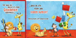 Lustige Geburtstagskarte: Comic-Tiere jonglieren mit bunten Geschenken, humorvoller Spruch