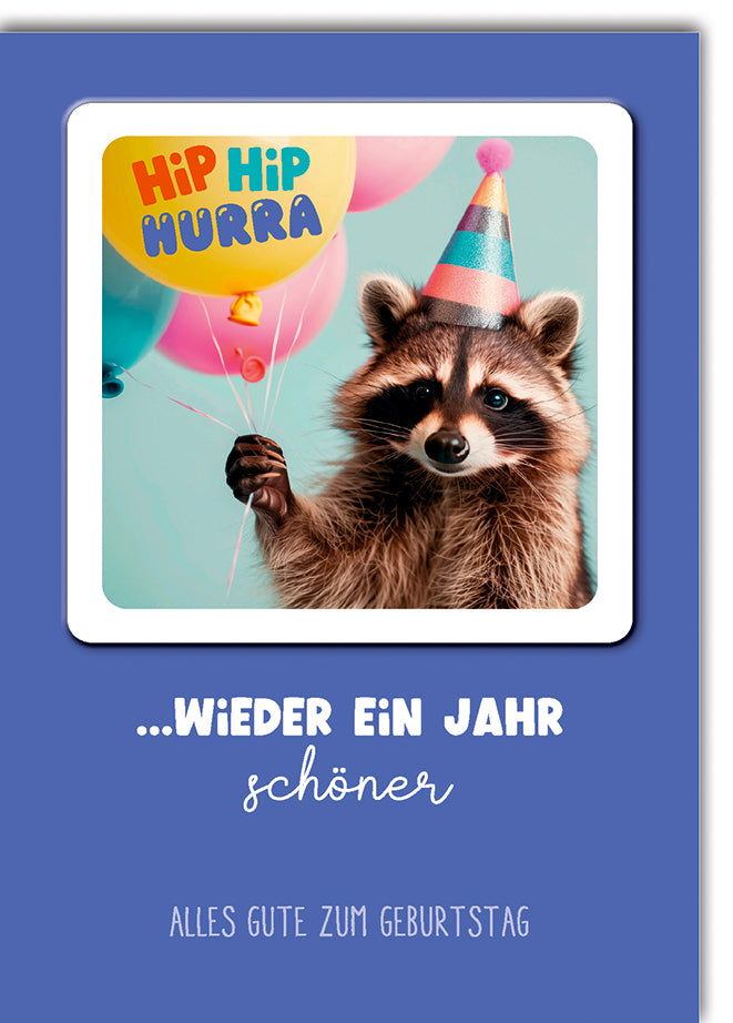 Lustige Geburtstagskarte mit Bierdeckel: Comic-Waschbär mit Partyhut und bunten Luftballons