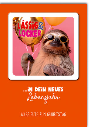 Lustige Geburtstagskarte mit Bierdeckel: Cool-Faultier mit Sonnenbrille und Luftballon in Orange-Pink