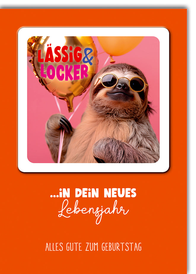 Lustige Geburtstagskarte mit Bierdeckel: Cool-Faultier mit Sonnenbrille und Luftballon in Orange-Pink