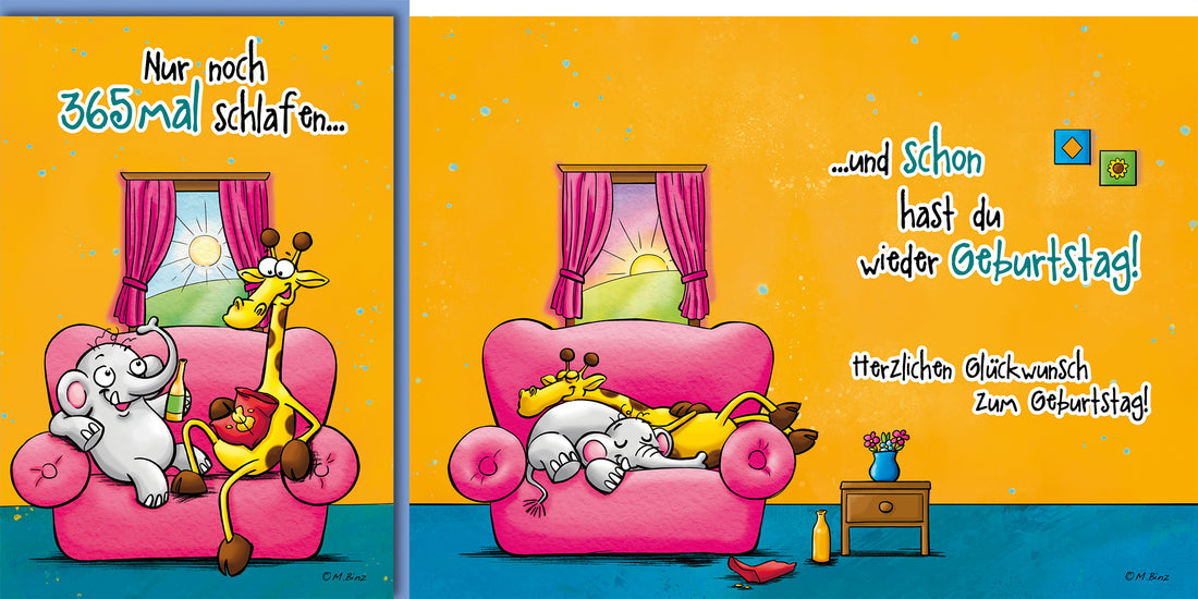 Lustige Geburtstagskarte: Elefant und Giraffe entspannen auf rosa Sofa, humorvoller Spruch