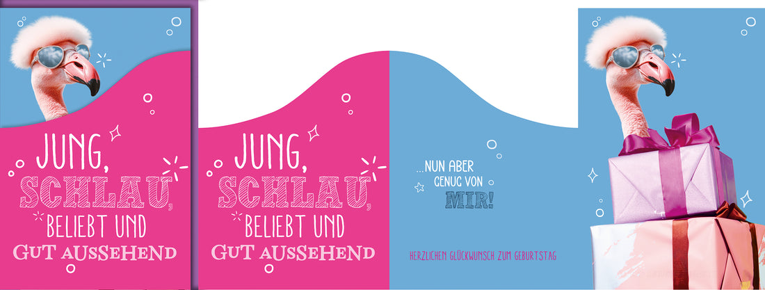 Lustige Geburtstagskarte: Flamingo mit Sonnenbrille und Geschenken, witziger Spruch