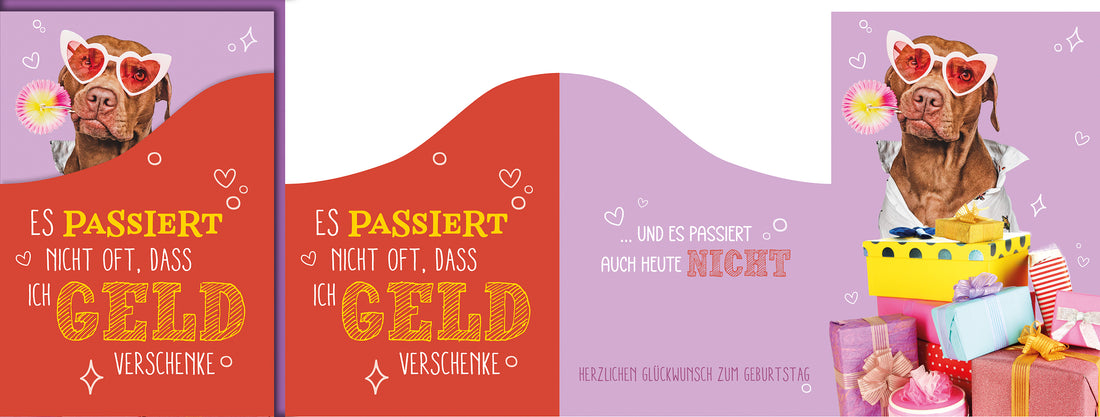 Lustige Geburtstagskarte: Hund mit Herzbrille stapelt bunte Geschenkboxen, Geld-Spruch