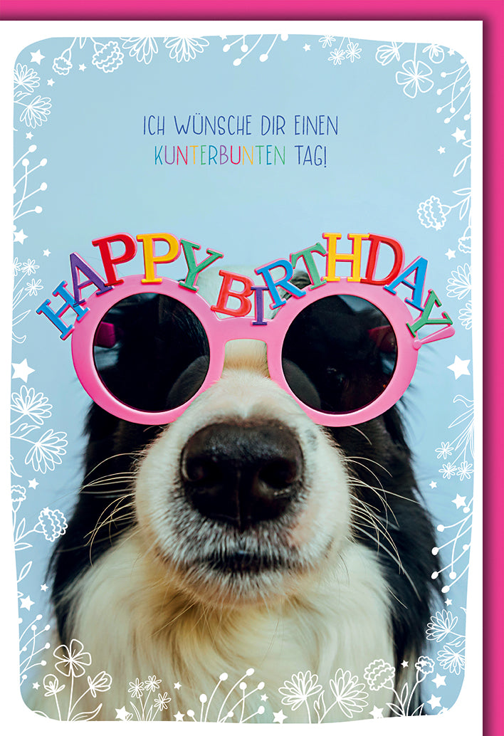 Lustige Geburtstagskarte: Hund mit pinker Happy Birthday-Brille und Regenbogen-Text