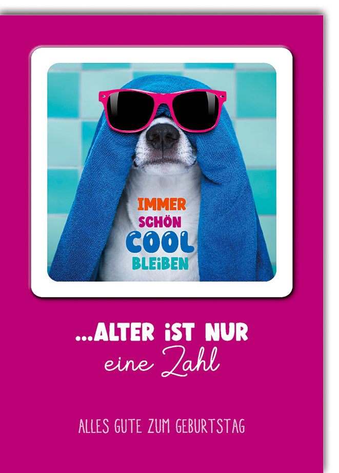 Lustige Geburtstagskarte mit Bierdeckel: Hund mit Sonnenbrille und Hoodie, cooler Spruch in Pink