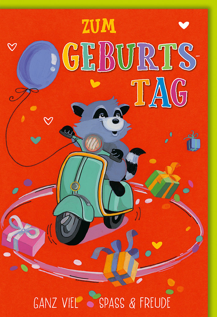 Lustige Geburtstagskarte Kinder: Comic-Waschbär auf türkiser Vespa mit Geschenken