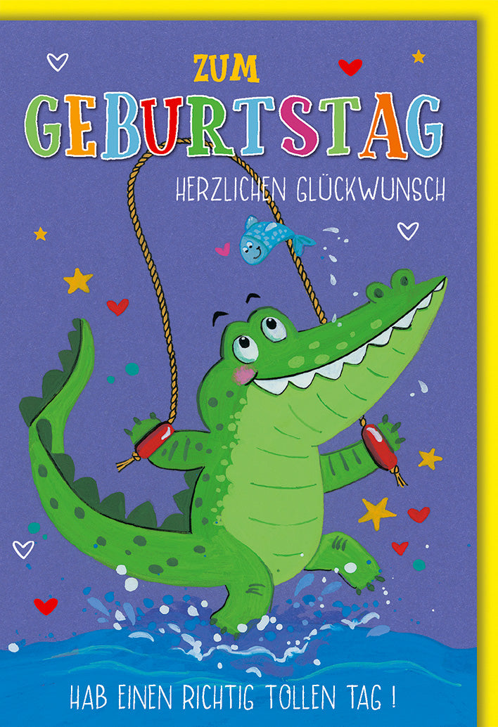 Lustige Geburtstagskarte Kinder: Grünes Krokodil beim Seilspringen mit buntem Text