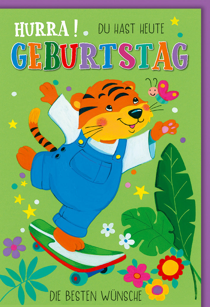 Lustige Geburtstagskarte Kinder: Tiger auf Skateboard mit bunten Konfetti und Blumen