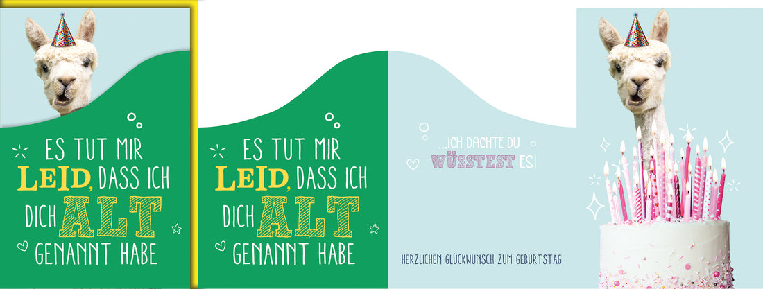 Lustige Geburtstagskarte: Lama mit Partyhut und Geburtstagstorte, frecher Spruch