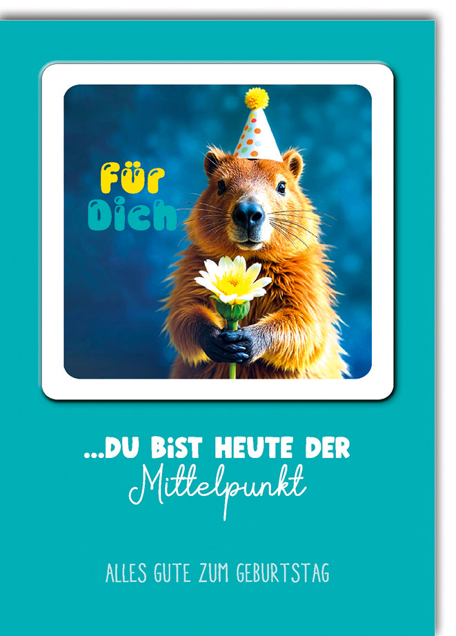 Lustige Geburtstagskarte mit Bierdeckel: Murmeltier mit Partyhut und Blume in türkisem Design