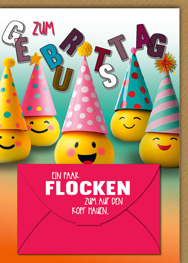 Lustige Geburtstagskarte: Party-Smileys mit bunten Hütchen und Geldkuvert-Design