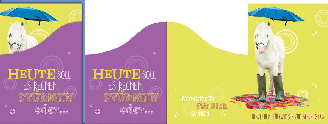 Lustige Geburtstagskarte: Pony mit Regenschirm und Konfetti-Regen in bunten Farben