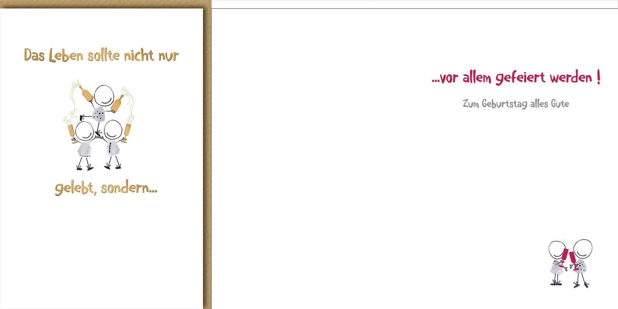 Lustige Geburtstagskarte: Stick-Figuren mit Bier feiern, witziger Spruch über das Leben