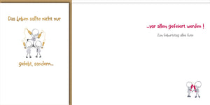 Lustige Geburtstagskarte: Stick-Figuren mit Bier feiern, witziger Spruch über das Leben